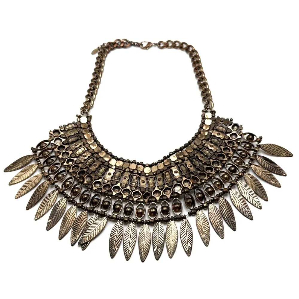 ALDO Boho Statement Bib Necklace Leaf Fringe Distressed Gold Tone Tribal Collar